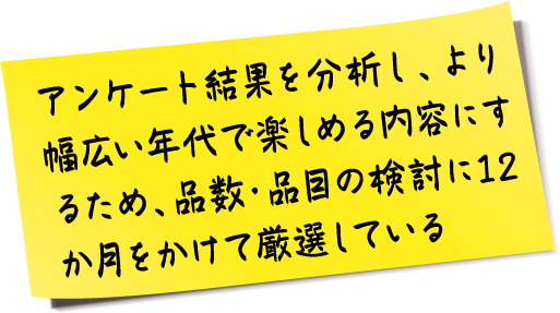 アンケート結果を分析し、より幅広い年代で楽しめる内容にするため、品数・品目の検討に12か月をかけて厳選している